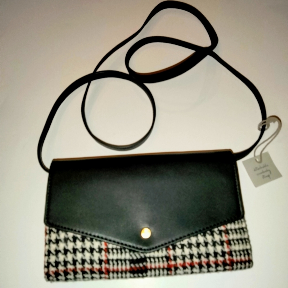 A. New. Day Black Faux Leather & Plaid Pattern Academia Crossbody Wallet (NWT)